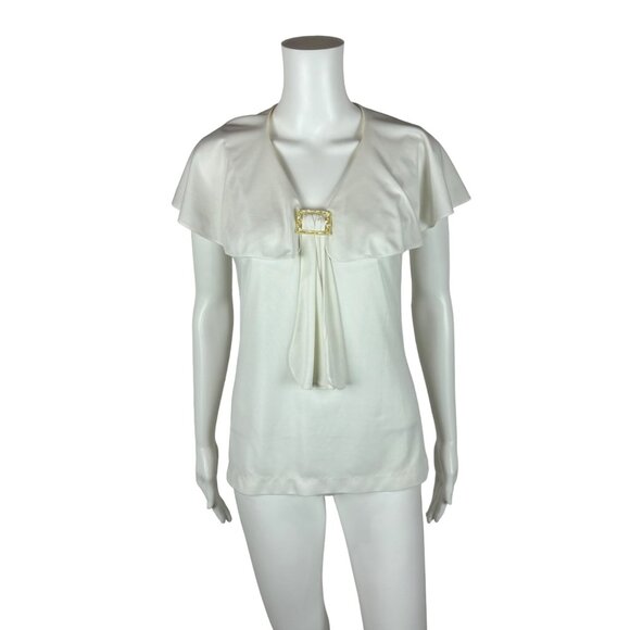 Vintage 70s Necktie Top Women's Small White Flutter Sleeves Capelet Buckle - Picture 2 of 11